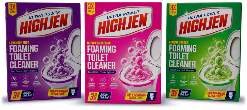 HIGHJEN Foaming Toilet Cleaner: Lavender Mist, Forest Breeze and Bubble Gum cartons
