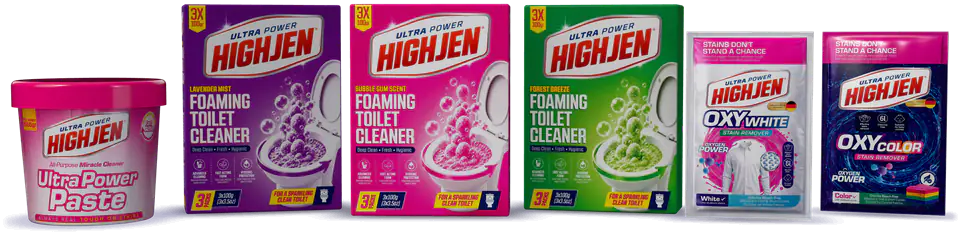 The HIGHJEN range: three foaming toilet cleaner cartons, the Ultra Power Paste tub and the Oxy White and Oxy Color sachets (representative image)